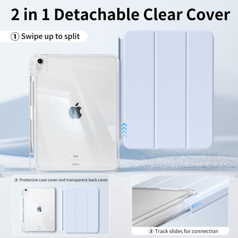 KenKe Case for iPad 11-Inch A16 11th Generation & iPad 10.9" 10th Generation(2025/2022) with Pencil Holder, Detachable 2 in 1 Sliding Removable Cover with Clear Hard Back, Auto Wake/Sleep, Sky Blue - Image 4