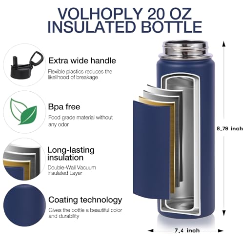 Volhoply 20oz Insulated Stainless Steel Water Bottle With Straw Lid Bulk 4 Pack,Kids Double Wall Vacuum Cups With Handle,Reusable Outdoor Sports Metal Bottles,Travel Flask Keep Cold&Hot(Navy,4) - Image 4