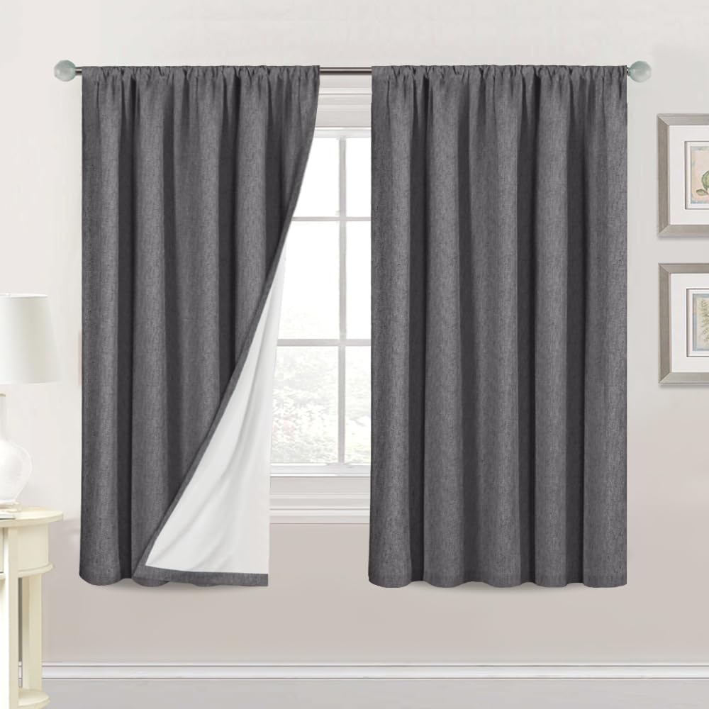 H.VERSAILTEX HVERSAILTEX Linen Look 100 Blackout Curtains 63 Inches Long for Bedroom Full Light Blocking Rod Pocket Linen Textured Thick Window Curtain Drapes with White Backing Grey 2 Panels