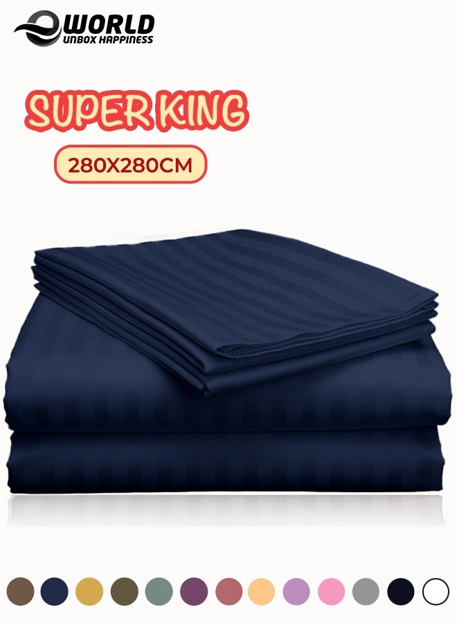 Eworld 3 Piece Super King Navy Blue Striped Bed Sheet Set – Ultra-Soft Microfiber Striped Sheet & 2 Pillowcases, Breathable Luxury Bedding for Home & Hotel Use - Image 1