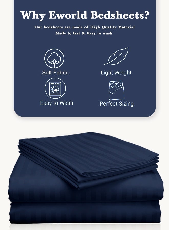 Eworld 3 Piece Super King Navy Blue Striped Bed Sheet Set – Ultra-Soft Microfiber Striped Sheet & 2 Pillowcases, Breathable Luxury Bedding for Home & Hotel Use - Image 2