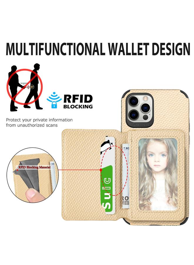 The Bros Phone Case For iPhone 12 / 12 Pro Carbon Fiber Magnetic Card Bag TPU+PU Shockproof Back Cover Phone Case with Holder & Card Slot & Photo Frame  - Image 4