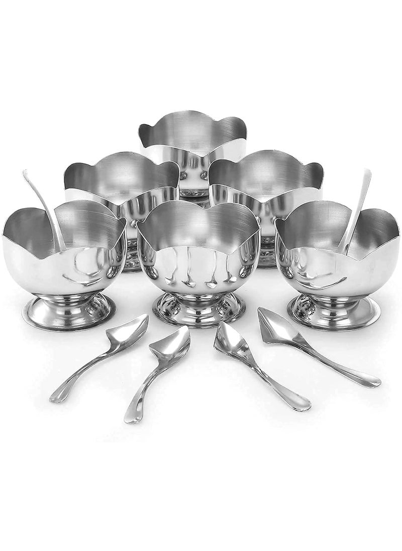 KD ZONE KD ZONE Stainless Steel Lotus Design Dessert Ice Cream Cups with Spoon 6 Psc Bowl Set Silver Serving Bowl for Ice CreamFruitsPudding Gift Article  - Image 1
