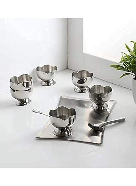 KD ZONE KD ZONE Stainless Steel Lotus Design Dessert Ice Cream Cups with Spoon 6 Psc Bowl Set Silver Serving Bowl for Ice CreamFruitsPudding Gift Article  - Image 5