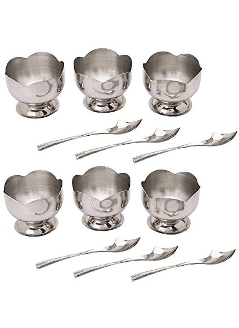 KD ZONE KD ZONE Stainless Steel Lotus Design Dessert Ice Cream Cups with Spoon 6 Psc Bowl Set Silver Serving Bowl for Ice CreamFruitsPudding Gift Article  - Image 2