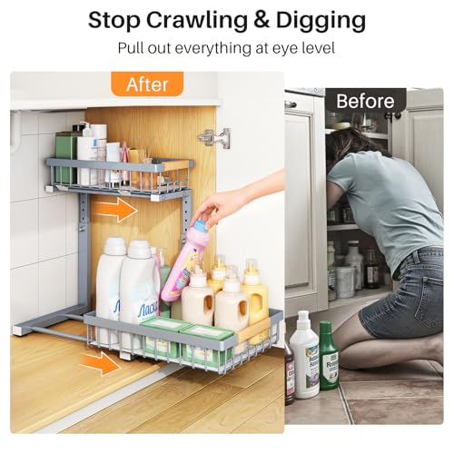 PXRACK Under Sink Organizer, Adjustable Height, 2 Tier Pull Out Under Cabinet Organizer, Slide Out Thickened Metal Under Sink Storage for Kitchen Bathroom Laundry Pantry Cabinet, Grey, Large-2-Pack - Image 4