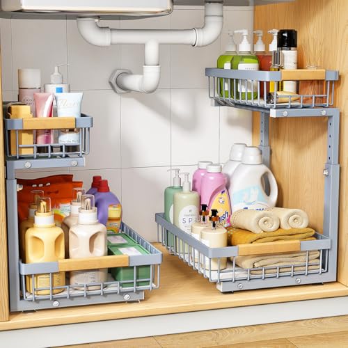 PXRACK Under Sink Organizer, Adjustable Height, 2 Tier Pull Out Under Cabinet Organizer, Slide Out Thickened Metal Under Sink Storage for Kitchen Bathroom Laundry Pantry Cabinet, Grey, Large-2-Pack - Image 1