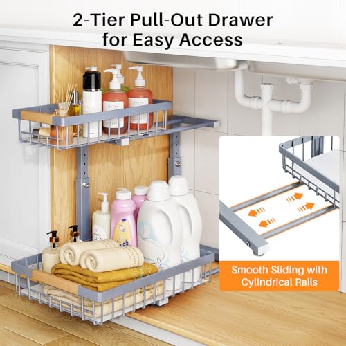 PXRACK Under Sink Organizer, Adjustable Height, 2 Tier Pull Out Under Cabinet Organizer, Slide Out Thickened Metal Under Sink Storage for Kitchen Bathroom Laundry Pantry Cabinet, Grey, Large-2-Pack - Image 3