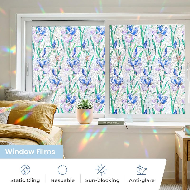 ADD.HERES Window Privacy Film Home Room Bathroom Spring Decor Car Decorations, Stained Glass Window Film, Static Cling Window Film，Rainbow Window Film (Starry Iris Whispers, 17.5" x 78.7") - Image 2
