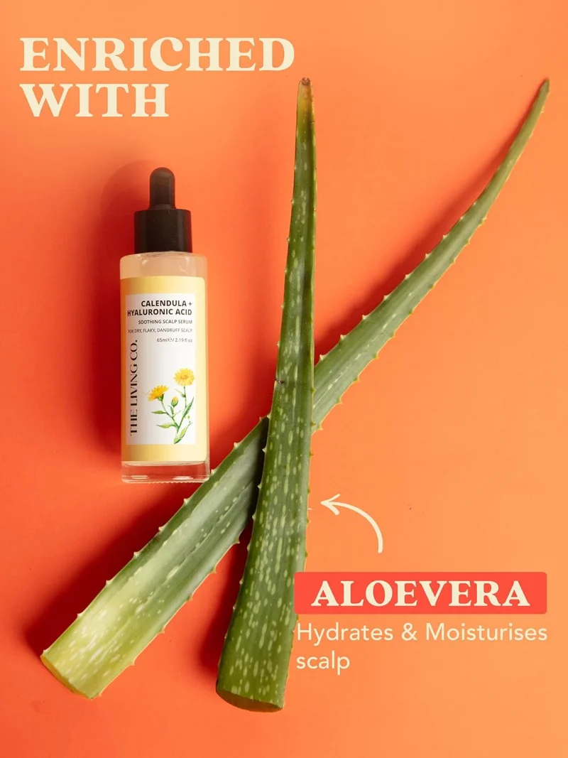 THE LIVING CO. Calendula + Hyaluronic Acid Soothing Scalp Serum For Dry, Flaky, Dandruff Scalp 65ml
