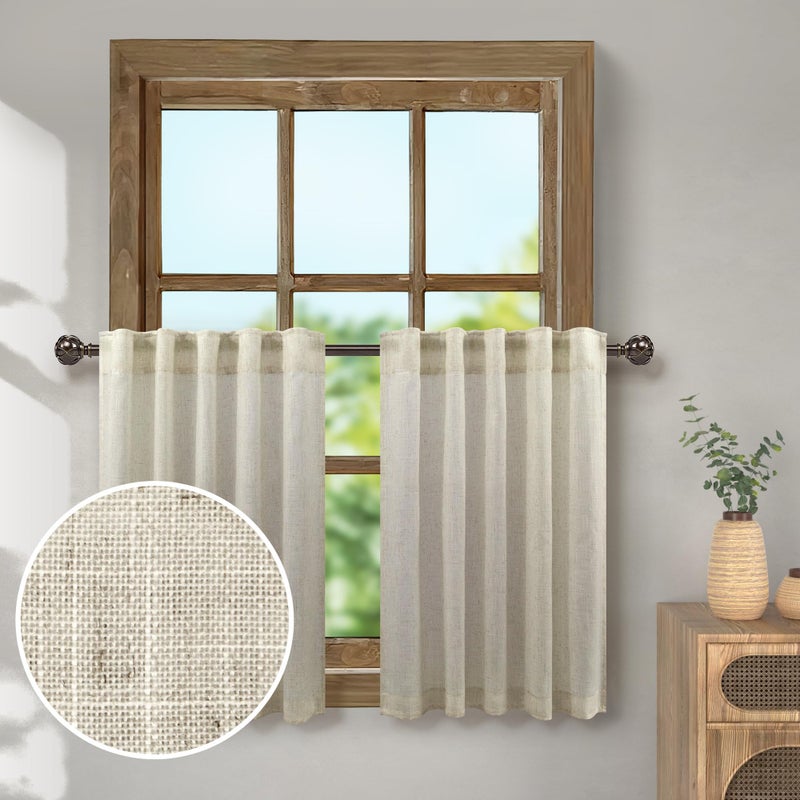 Pitalk Farmhouse Kitchen Curtains for Small Windows 30 Inch Length Back Tab Pocket Flax Linen Neutral Coastal Decoration Short Curtain for Bathroom Bay Window Living Room Dining Bedroom 36x30 Long Beige Tan - Image 1