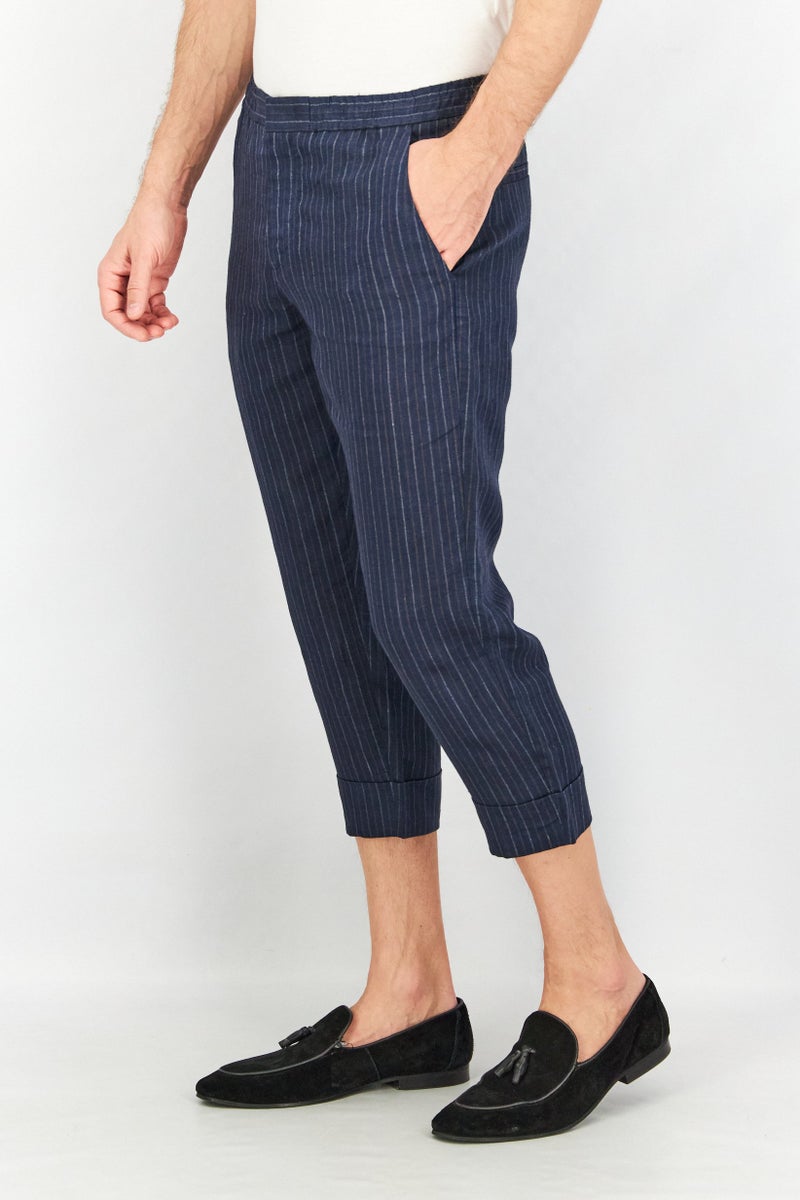 SELECTED سروال قصير مزود بحزام سحب للرجال بتصميم جزرية مخططة، كحلي - Image 3