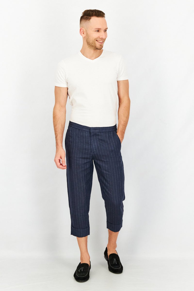 SELECTED سروال قصير مزود بحزام سحب للرجال بتصميم جزرية مخططة، كحلي - Image 2