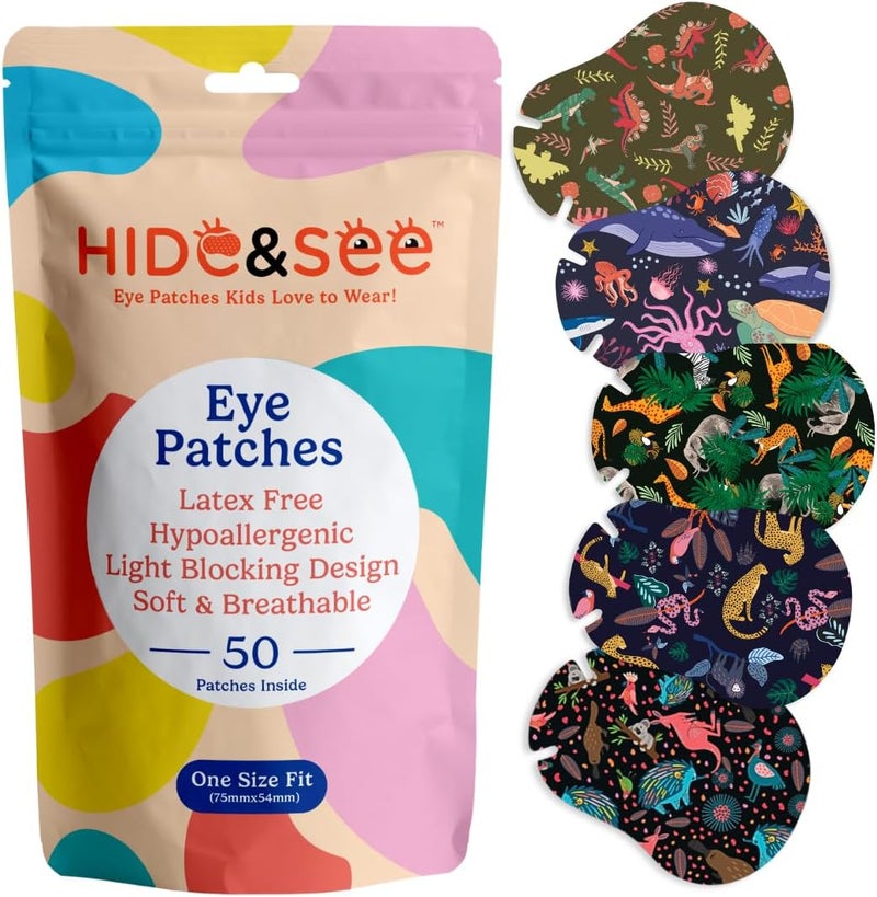 HIDESEE Speckles Kids Eye Patches (Wild Pack) Fun & Comfortable Hypoallergenic Patches for Amblyopia Treatment for Boys & Girls Includes Reward Chart (50 Pack) - Image 1