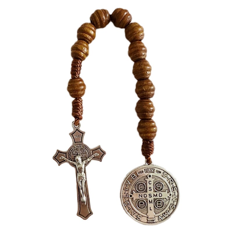 Bovemee Saint Benedict Medal Prayer Pocket Rosary Catholic Brown Wood Beads with Medalla de san benitol and Crucifix, 9 Inch(Silver) - Image 1