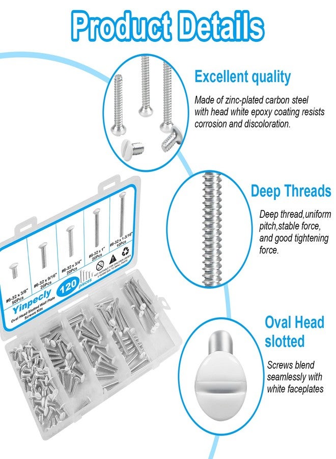 Yinpecly 120 PCS White Wall Plate Screws Kit, White Outlet Screws 6-32 Thread Electrical Cover Panel Switch Plate Screws 5 Length Sizes (3/8", 9/16", 3/4", 1", 1-3/16") - Image 3