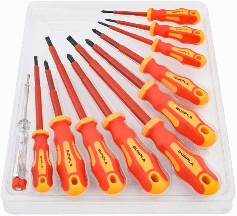 Gunpla 11 Pieces VDE Insulated Screwdriver Set, 1000V with Black Tip Magnetic, TPR Handle Electrician Soft-Grip Slotted Phillips and Pozi Tools with Safety Tester for Electrician Repair - Image 2