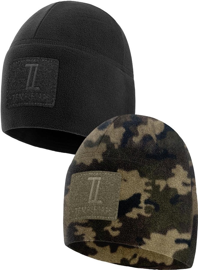 Temple Tape Tactical Beanie Hat - Front & Back Patch Panel - Multi Season Military Hats for Men - Mens Patch Army Beanies - 2 Pack Includes Black & Camo - One Size - Image 1