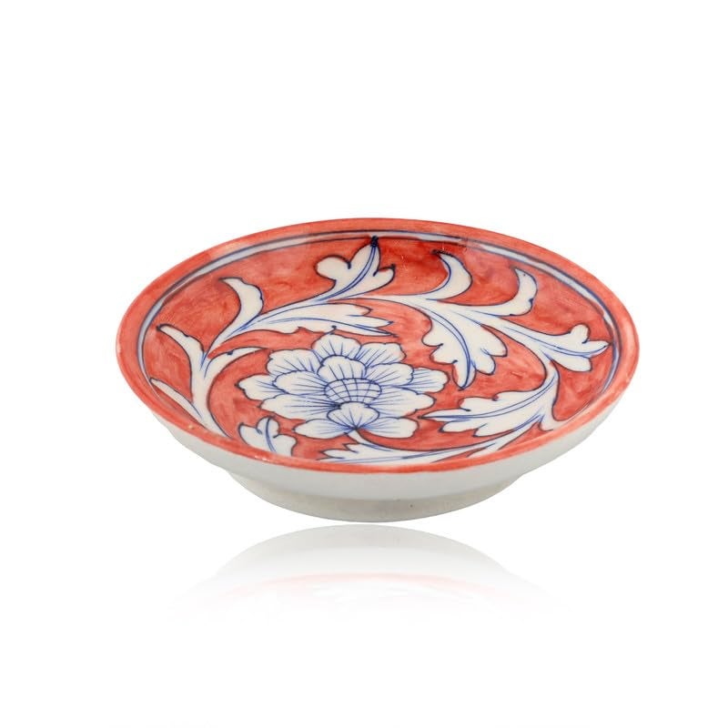 NATRIEL Blue Pottery Floral Art Handcrafted Plate for Classic Home and Kitchen Decor and Serving Handmade and Handpainted Designer Plates Red and White 6 to 8 - Image 1