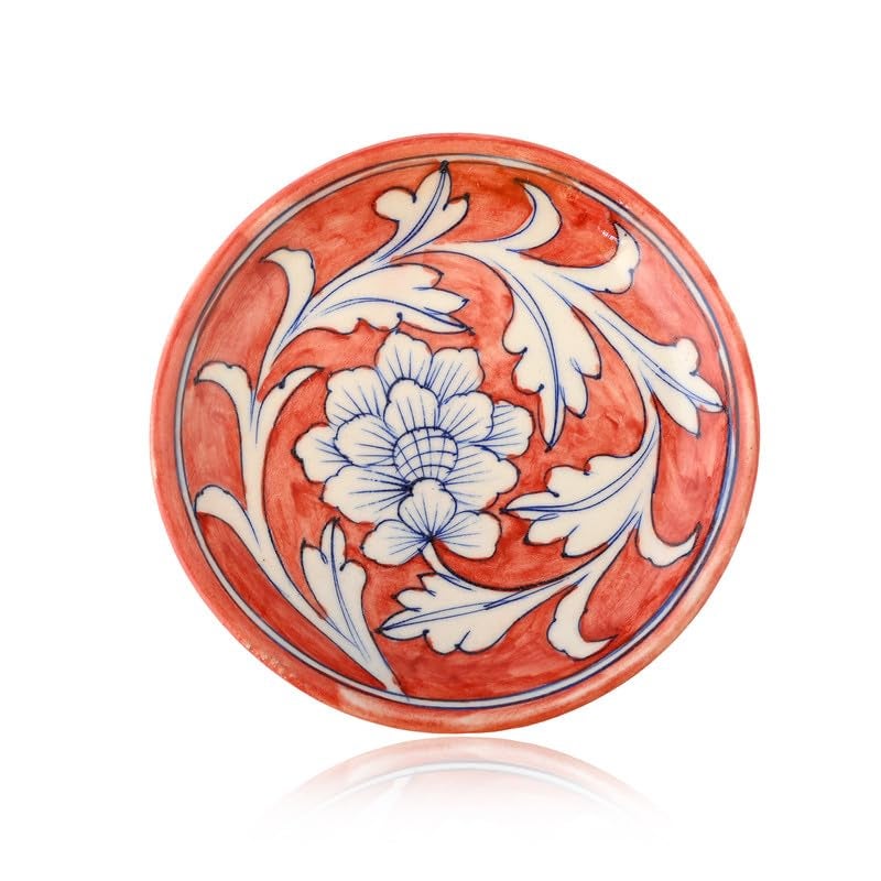 NATRIEL Blue Pottery Floral Art Handcrafted Plate for Classic Home and Kitchen Decor and Serving Handmade and Handpainted Designer Plates Red and White 6 to 8 - Image 2