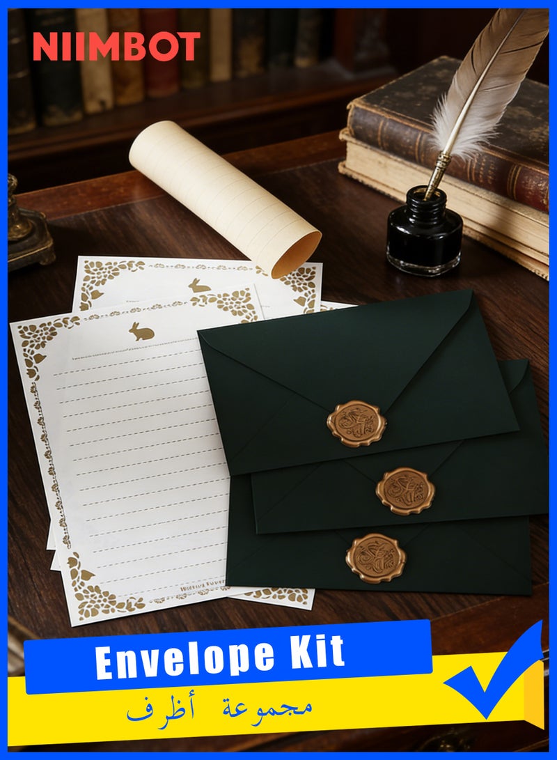 NIIMBOT 16 Pieces Envelope Kit Linen Envelopes White Letter Writing Supplies, Self-Adhesive Wax Seal Stickers for Invitations, Romantic Love Letter Paper Set for Birthday Cards Green Envelopes - Image 1