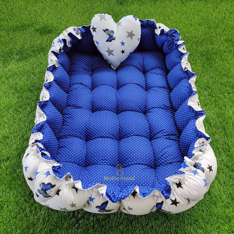 MOTHERHOOD MOTHERHOOD Rectangle Baby Tub Bed and 1 pc Pillow Luxury Mattress Bed Sleeper Bedding Set Safe Cotton Fabric with RFilled UltraSoft Comfortable for Newborn to Toddlers Blue - Image 1