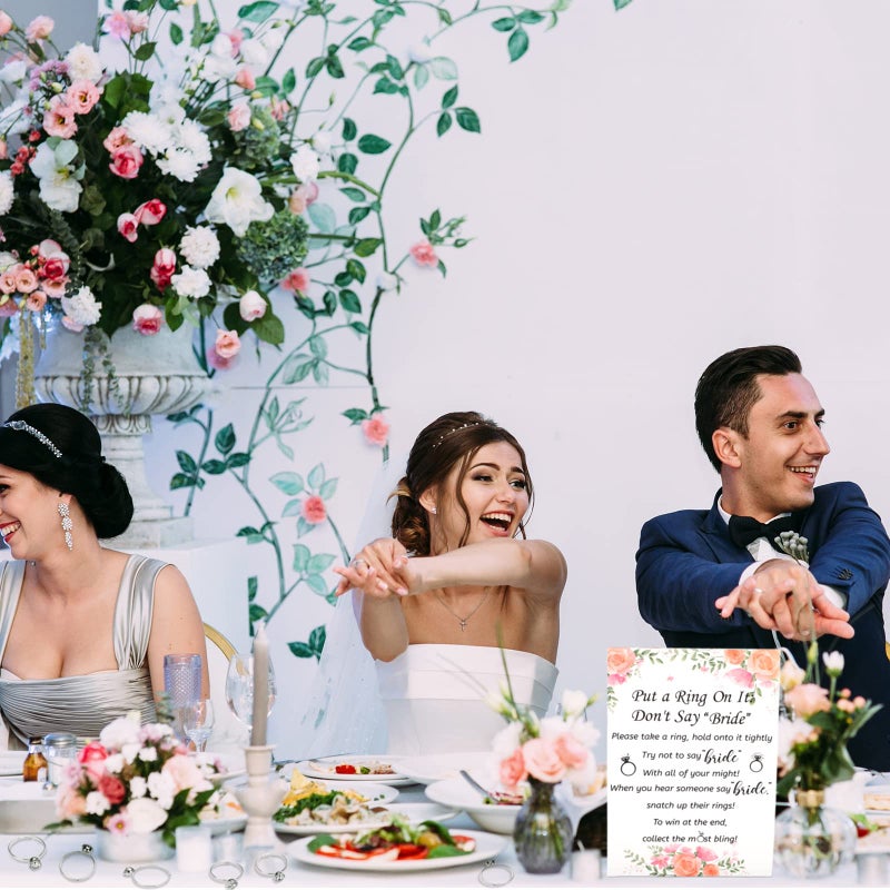 Woanger Put a Ring on It Bridal Shower Game with 50 Fake Rings, Rustic Greenery Theme Wedding Shower Games Wedding and Engagement Rings and Not Say Bride Rules Cards(Flowers,Silver) - Image 4
