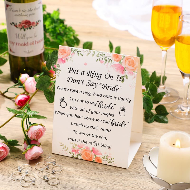 Woanger Put a Ring on It Bridal Shower Game with 50 Fake Rings, Rustic Greenery Theme Wedding Shower Games Wedding and Engagement Rings and Not Say Bride Rules Cards(Flowers,Silver) - Image 5