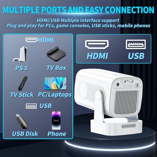 Nonete Projector [Auto Focus & Native 1080P & Built-in Apps] Mini Portable Projector 1080P, 4K Full HD with WiFi 6 & Bluetooth 5.4, Auto Focus & Keystone, 270° Rotatable, Compatible with Phone/HDMI/USB,White - Image 4