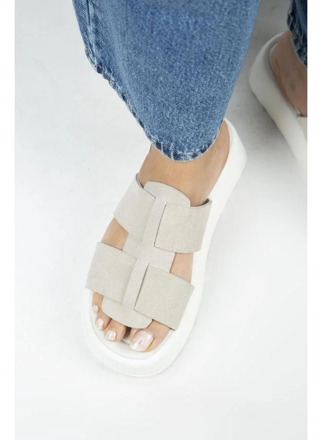 Paris Women's Genuine Leather Double-Strap Beige Slippers.