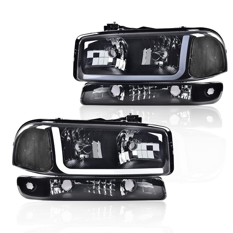 CNNELL LED Headlights Compatible with GMC 1999-2007 Sierra 1500/Yukon, 2001-2007 Sierra 1500 HD/2500 HD/3500 w/Bumper Signal Lamps(Smoky lens Black Housing Clear Reflector) - Image 1