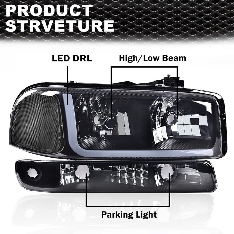 CNNELL LED Headlights Compatible with GMC 1999-2007 Sierra 1500/Yukon, 2001-2007 Sierra 1500 HD/2500 HD/3500 w/Bumper Signal Lamps(Smoky lens Black Housing Clear Reflector) - Image 2