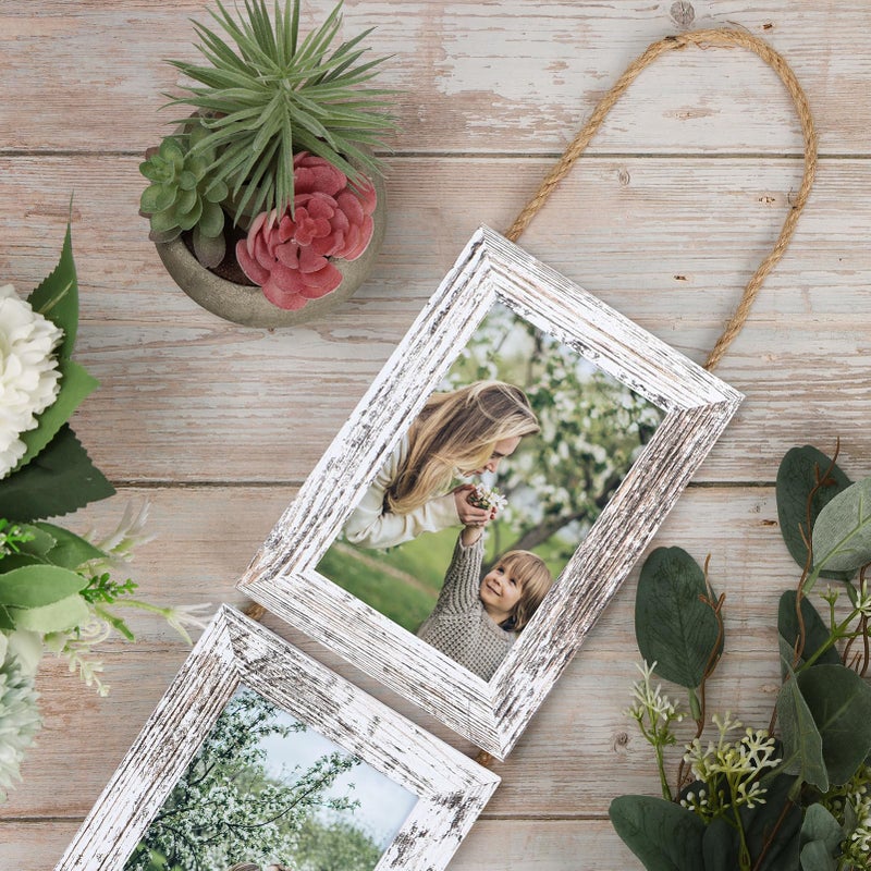 QUTREY 4x6 Hanging Picture Frames Collage Set of 2, 4 Openings 4 x 6 Photo Frames for Vertical 4 by 6 inch Pictures for Wall Decor, Distressed White - Image 2