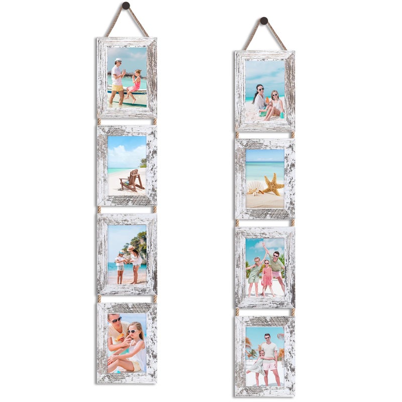 QUTREY 4x6 Hanging Picture Frames Collage Set of 2, 4 Openings 4 x 6 Photo Frames for Vertical 4 by 6 inch Pictures for Wall Decor, Distressed White - Image 1