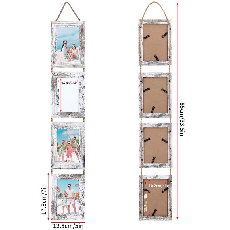QUTREY 4x6 Hanging Picture Frames Collage Set of 2, 4 Openings 4 x 6 Photo Frames for Vertical 4 by 6 inch Pictures for Wall Decor, Distressed White - Image 4