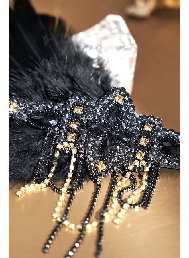 BABEYOND 1920s Flapper Headpiece 20s Gatsby Black Feather Headband Roaring 20s Hair Accessories with Crystal Beads (Black Gold) - Image 3