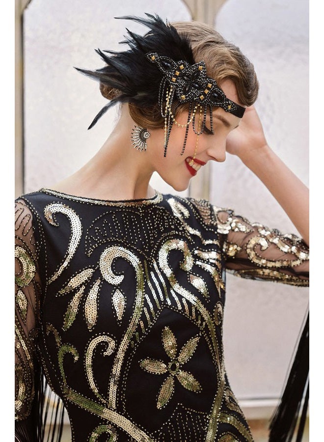 BABEYOND 1920s Flapper Headpiece 20s Gatsby Black Feather Headband Roaring 20s Hair Accessories with Crystal Beads (Black Gold) - Image 4