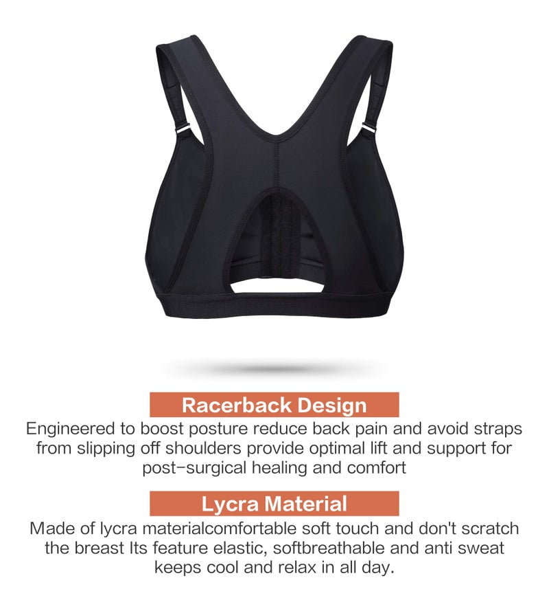 SHAPERX Women's Post-Surgical Front Closure Sports Bra Adjustable Wide Strap Racerback Support Bra,SZ83288-Black-M - Image 5