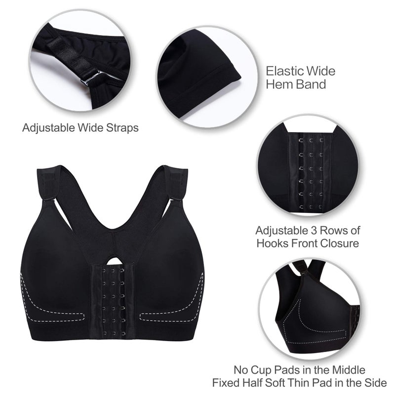 SHAPERX Women's Post-Surgical Front Closure Sports Bra Adjustable Wide Strap Racerback Support Bra,SZ83288-Black-M - Image 4