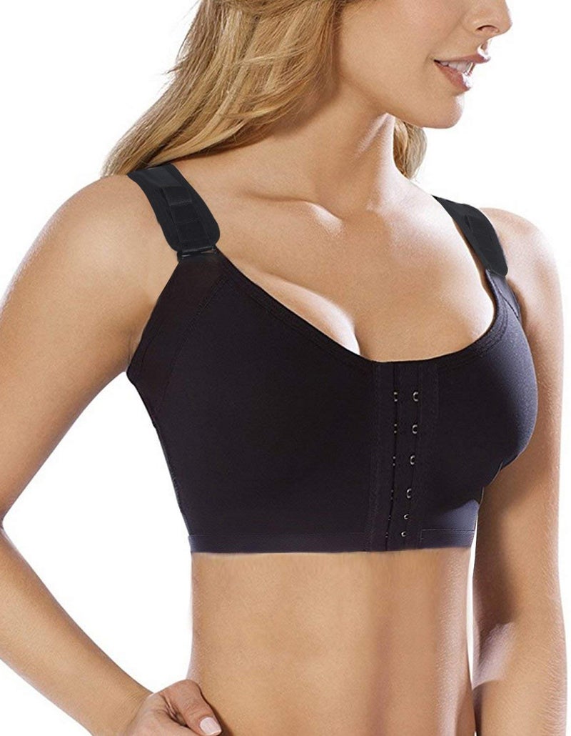 SHAPERX Women's Post-Surgical Front Closure Sports Bra Adjustable Wide Strap Racerback Support Bra,SZ83288-Black-M - Image 1