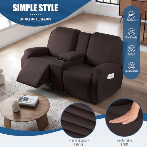 TAOCOCO Reclining Loveseat with Middle Console Slipcover, 4 Piece Polyester Fabric Stretch Loveseat Reclining Sofa Covers (Coffee, 2 Seat Recliner Cover with Console) - Image 2