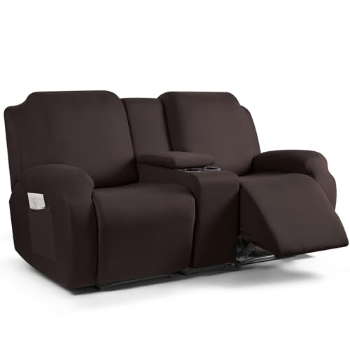 TAOCOCO Reclining Loveseat with Middle Console Slipcover, 4 Piece Polyester Fabric Stretch Loveseat Reclining Sofa Covers (Coffee, 2 Seat Recliner Cover with Console) - Image 1