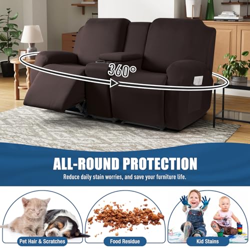 TAOCOCO Reclining Loveseat with Middle Console Slipcover, 4 Piece Polyester Fabric Stretch Loveseat Reclining Sofa Covers (Coffee, 2 Seat Recliner Cover with Console) - Image 4