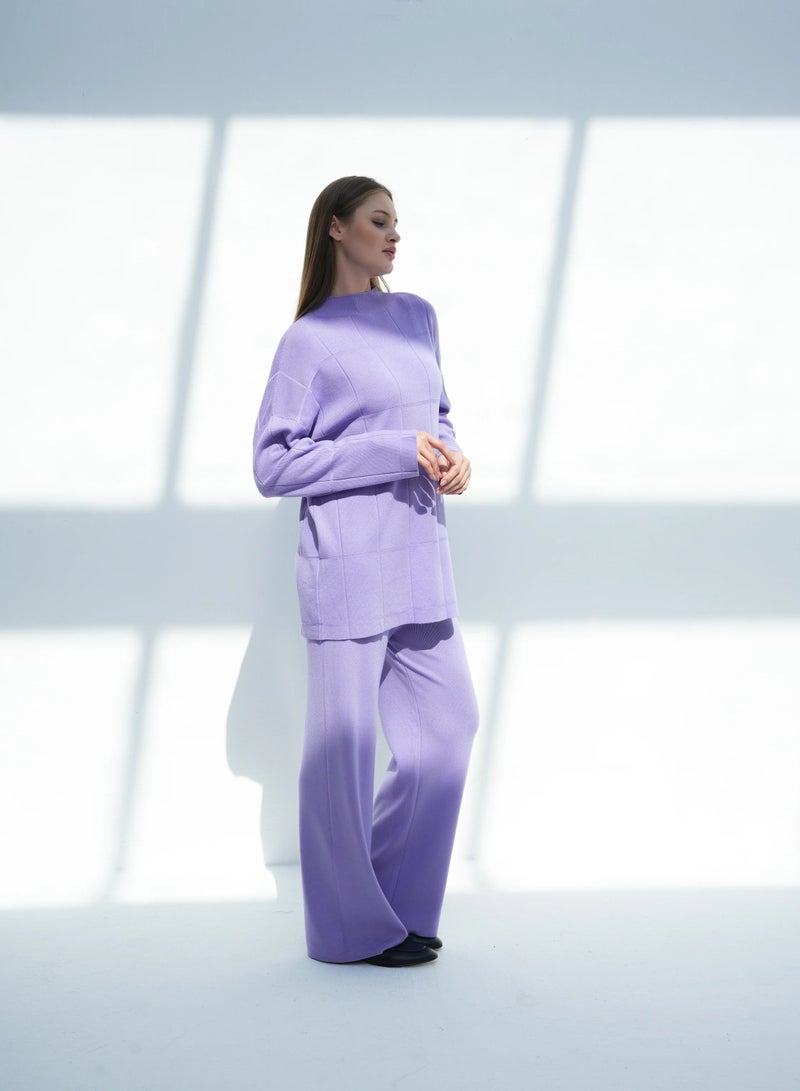 Andy 2316 | Women's Premium Knitwear Two-Piece Set – Long-Sleeve High-Neck Tunic Top with Relaxed Wide-Leg Trousers | Elegant & Versatile Outfit for Everyday Comfort and Style | Purple - Image 1