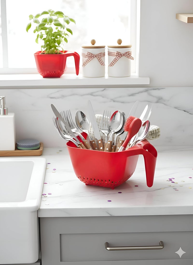 Steam Basket - Food-safe plastic colander designed for steaming vegetables and pasta; heat-resistant, lightweight, and dishwasher-safe for effortless kitchen tasks color red. - Image 3