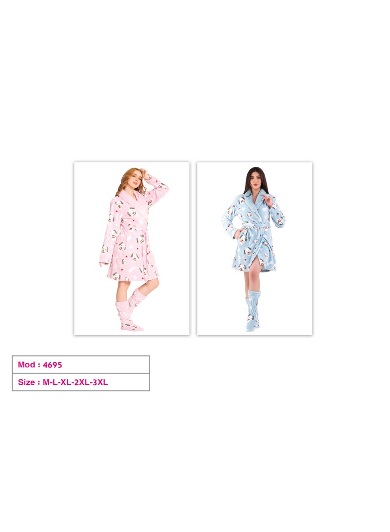 Dadoush Dadosh Women's Bathrobe Soft Bathrobe Warm Winter Nightsuit Pink Blue with Matching Socks Women Nightgown - Image 4