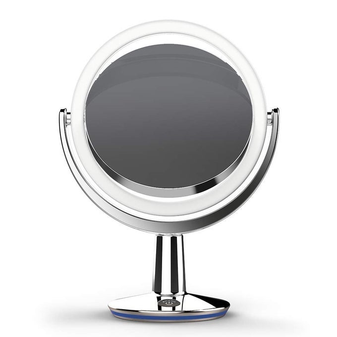 SUPERGLOW 9 ROUND SHAPED DUALSIDED LIGHTED MAKEUP MIRROR 1X5X MAGNIFYING VANITY MIRROR BRIGHTNESS 1000LUX 360 DEGREE ROTATING ADJUSTABLE BRIGHTNESS MIRROR BRUSHED NICKEL FINISH