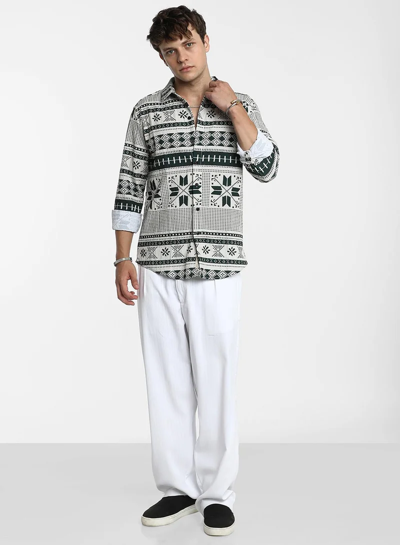 Campus Sutra Men's Forest Green & Cream White Geometric Seersucker Shirt