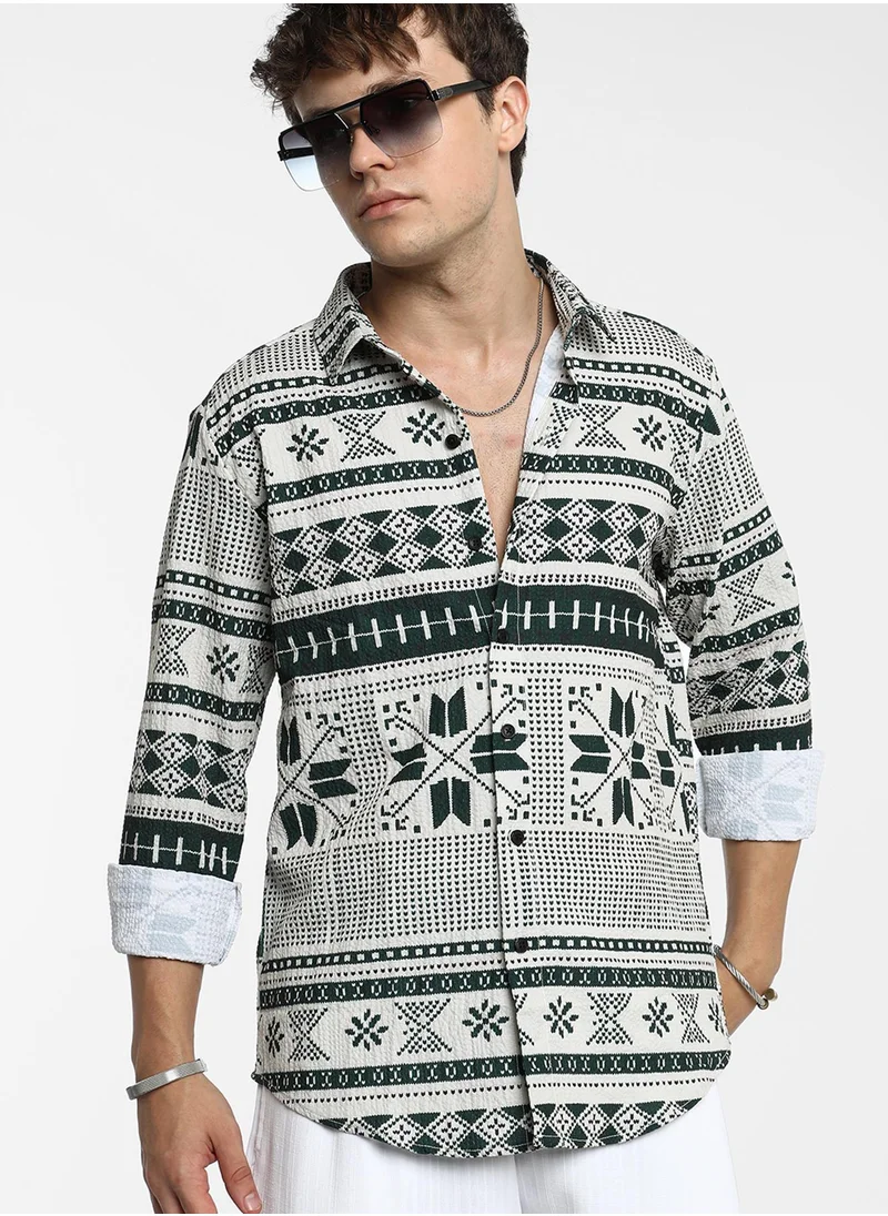 Campus Sutra Men's Forest Green & Cream White Geometric Seersucker Shirt