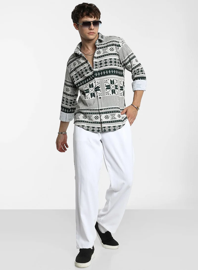 Campus Sutra Men's Forest Green & Cream White Geometric Seersucker Shirt